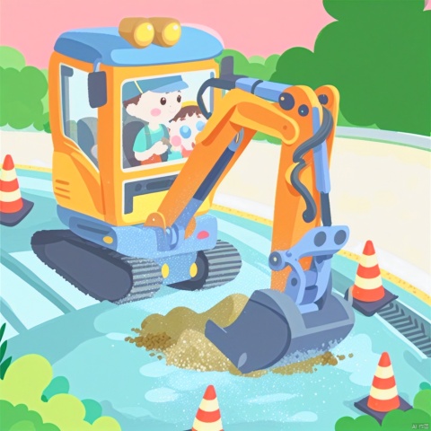 excavator,children's illustration, cute, jjmx, colorful, 
