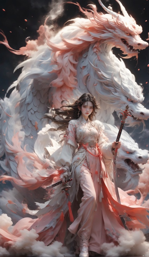  jianjue,wanjianguizong,16k,masterpiece,textured skin,Holding a sword in hand,embellished costume,Award winning photos, extremely detailed, stunning, intricate details, absurd, highly detailed woman, extremely detailed eyes and face, dazzling red eyes, detailed clothing,ultra long sleeves,dingxianghua,QMSJ,candy-coated,in the style of saturated pigment,CG effect, clean, cinematic visual,Dragon Soul,xs-4d-space,animal, colored clouds, fantasy, super cute, huge monster, divine creature, fantasy,amazing6,pink mecha,Bedtime Stories, dream atomsphere.