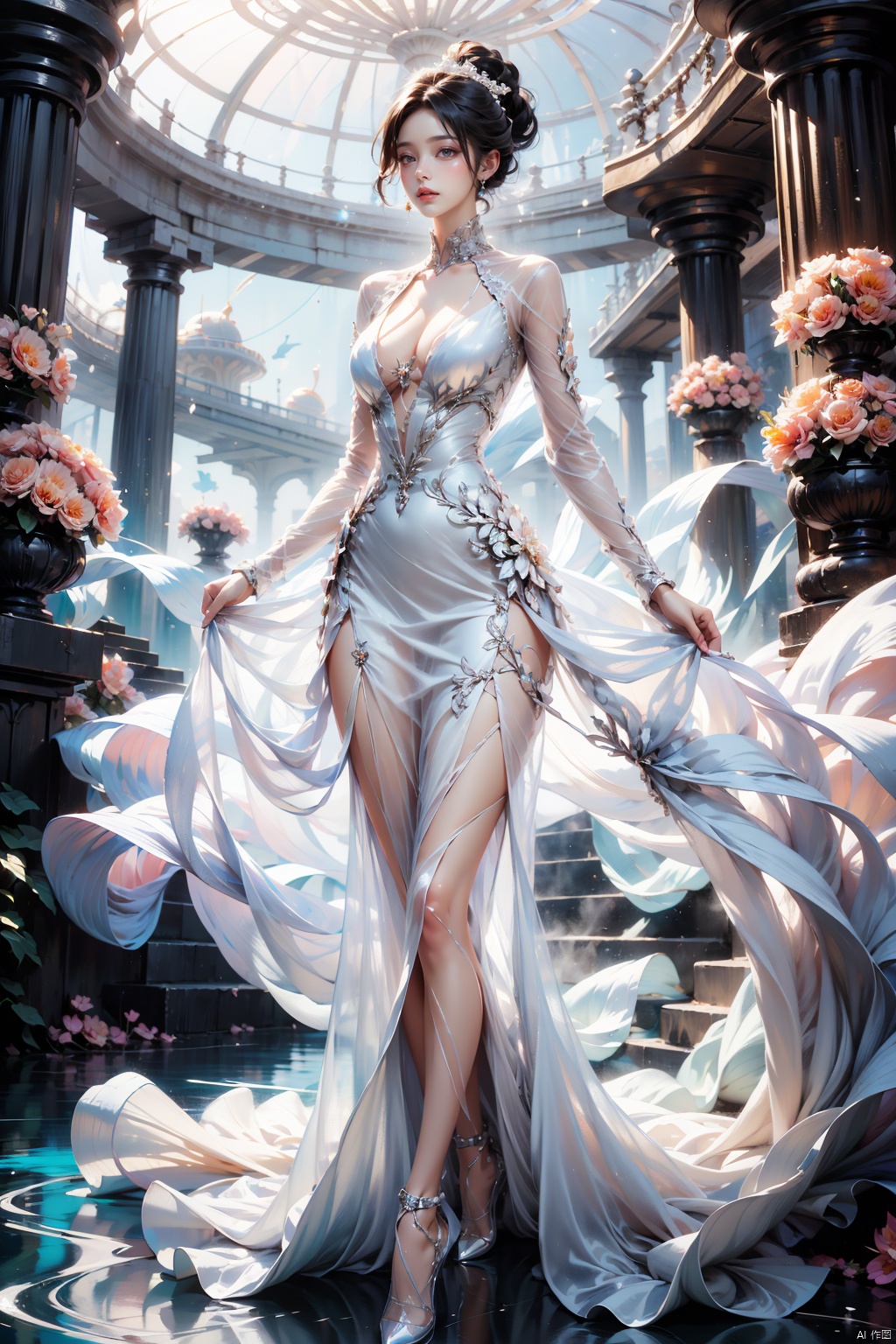  High quality, masterpiece, wallpaper, 1 beautiful woman surrounded by a water ring, flowing hair, dress, (semi transparent white mesh dress: 1.3), high ponytail hair, walking, huge flowers, fantasy, blue, sparkling dress, soft light

