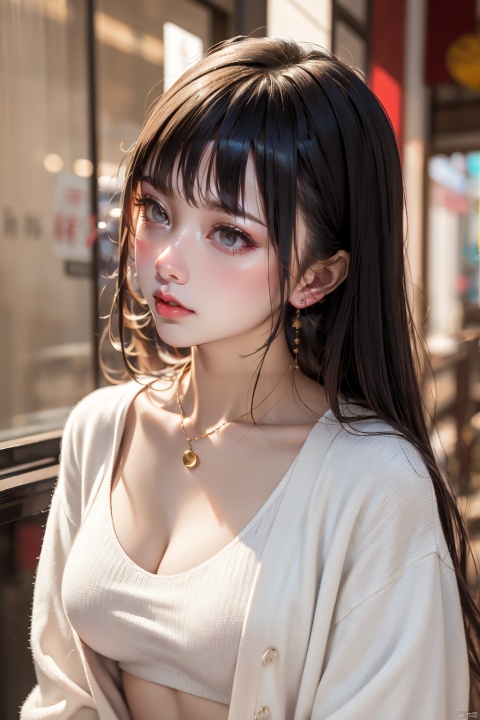  1girl, asian woman red sweater white top, soft flawless pale skin, open v chest clothes, female chinese idol portrait, square-shaped neckline, 20 years old, thin coat, glossy lips,