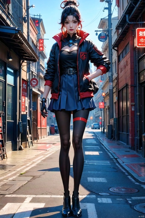  Girl, solo, long hair, looking at the audience, skirt, black hair, red eyes, red dreadlocks, standing, full body, pantyhose, jacket, colored hair, Black jacket, Cyberstreetscape, science fiction, robot arm,luxiya, houtufeng, 1girl