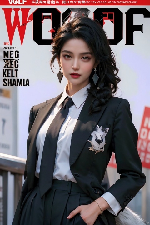  magazine, (cover-style:1.1), fashionable, vibrant, outfit, posing, front, colorful, solo, looking at viewer, shirt,((1girl)), (wolf:1.5),white shirt,necktie, collared shirt, pants, black pants, formal, suit, black necktie, watch, black suit,Visual impact,A shot with tension,(upper body:1.0),cold attitude, Ear stud,tattoo,
, (\meng ze\), shamila