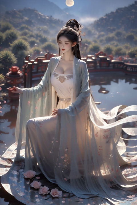  masterpiece,best quality,extremely detailed 8K wallpaper,1girl,chang,long sleeves,huge breasts,((moon)),starry sky,(lighting particle),fog,snow,(bloom), qingsha