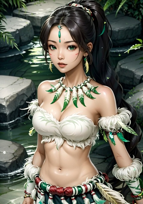  1girl, solo, long hair, breasts, looking at viewer, large breasts, brown hair, black hair, hair ornament, cleavage, bare shoulders, jewelry, green eyes, ponytail, dark skin, water, necklace, dark-skinned female, facial mark, feathers, nature, feather hair ornament, tribal, native american