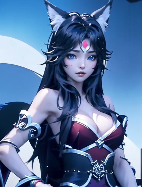  Oplus_131072, 1girl, solo, long hair, breasts, blue eyes, large breasts, black hair, animal ears, cleavage, bare shoulders, medium breasts, upper body, detached sleeves, lips, fox ears, facial mark, whisker markings, korean clothes, ahri \(league of legends\),moyou