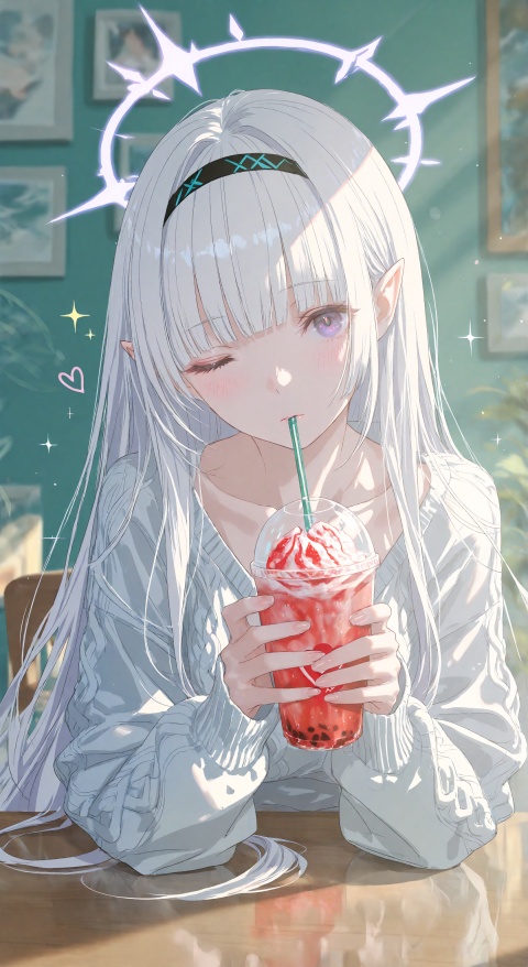 1girl, solo, long hair, breasts, looking at viewer, blush, bangs, long sleeves, sitting, very long hair, purple eyes, collarbone, upper body, white hair, heart, hairband, one eye closed, pointy ears, indoors, blunt bangs, sweater, cup, sleeves past wrists, sparkle, halo, table, drinking straw
, skin details, subsurface scattering, intricate textures, realistic material rendering, cinematic lighting, art style, photorealistic 8k,(Murata_Renge:0.8),(reoen1:1),(as109:0.7),(Saebe_Shun:0.7),(akipeko:0.7),(Toronto:0.8),(lineart:0.8),(fuzichoco:0.6),(Mika Pikazo:0.4),(Artist: sheya:0.5),(wlop:0.4),Illustration,Simple Flat Coloring,lightshadow,line art,shadow,masterpiece,best quality,good quality,very aesthetic,A shot with tension,impactful picture,offcial art,movie perspective,masterpiece,facing the lens,best quality,very aesthetic,extremely delicate and beautiful,huge filesize,amazing quality,Blurred foreground,solo_focus,simple_background,depth_of_field,sunlight,reflective,masterful details,intricate details,soothing tones,high contrast,natural skin texture,soft light,sharp,ultra-high resolution,32K UHD,reality,yswh,cyzf