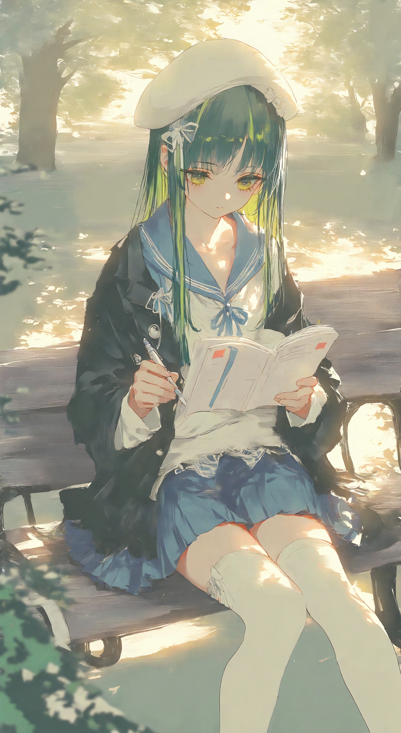 1girl, solo, long hair, bangs, skirt, shirt, thighhighs, long sleeves, hat, ribbon, holding, sitting, school uniform, green eyes, jacket, yellow eyes, white shirt, white hair, multicolored hair, pleated skirt, outdoors, green hair, serafuku, sailor collar, white thighhighs, tree, blue skirt, streaked hair, book, feet out of frame, beret, white headwear, open book, pen, reading, bench, holding pen
, skin details, subsurface scattering, intricate textures, realistic material rendering, cinematic lighting, art style, photorealistic 8k,(Murata_Renge:0.8),(reoen1:1),(as109:0.7),(Saebe_Shun:0.7),(akipeko:0.7),(Toronto:0.8),(lineart:0.8),(fuzichoco:0.6),(Mika Pikazo:0.4),(Artist: sheya:0.5),(wlop:0.4),Illustration,Simple Flat Coloring,lightshadow,line art,shadow,masterpiece,best quality,good quality,very aesthetic,A shot with tension,impactful picture,offcial art,movie perspective,masterpiece,facing the lens,best quality,very aesthetic,extremely delicate and beautiful,huge filesize,amazing quality,Blurred foreground,solo_focus,simple_background,depth_of_field,sunlight,reflective,masterful details,intricate details,soothing tones,high contrast,natural skin texture,soft light,sharp,ultra-high resolution,32K UHD,reality,yswh