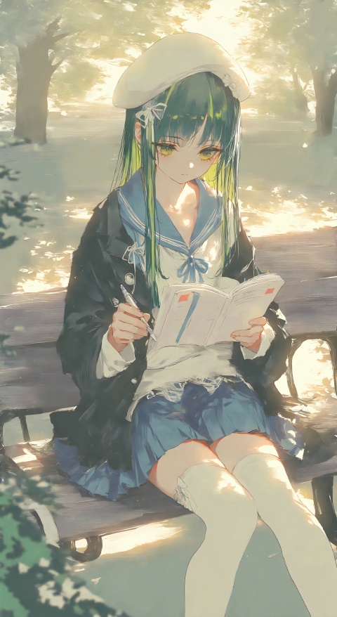 1girl, solo, long hair, bangs, skirt, shirt, thighhighs, long sleeves, hat, ribbon, holding, sitting, school uniform, green eyes, jacket, yellow eyes, white shirt, white hair, multicolored hair, pleated skirt, outdoors, green hair, serafuku, sailor collar, white thighhighs, tree, blue skirt, streaked hair, book, feet out of frame, beret, white headwear, open book, pen, reading, bench, holding pen
, skin details, subsurface scattering, intricate textures, realistic material rendering, cinematic lighting, art style, photorealistic 8k,(Murata_Renge:0.8),(reoen1:1),(as109:0.7),(Saebe_Shun:0.7),(akipeko:0.7),(Toronto:0.8),(lineart:0.8),(fuzichoco:0.6),(Mika Pikazo:0.4),(Artist: sheya:0.5),(wlop:0.4),Illustration,Simple Flat Coloring,lightshadow,line art,shadow,masterpiece,best quality,good quality,very aesthetic,A shot with tension,impactful picture,offcial art,movie perspective,masterpiece,facing the lens,best quality,very aesthetic,extremely delicate and beautiful,huge filesize,amazing quality,Blurred foreground,solo_focus,simple_background,depth_of_field,sunlight,reflective,masterful details,intricate details,soothing tones,high contrast,natural skin texture,soft light,sharp,ultra-high resolution,32K UHD,reality,yswh