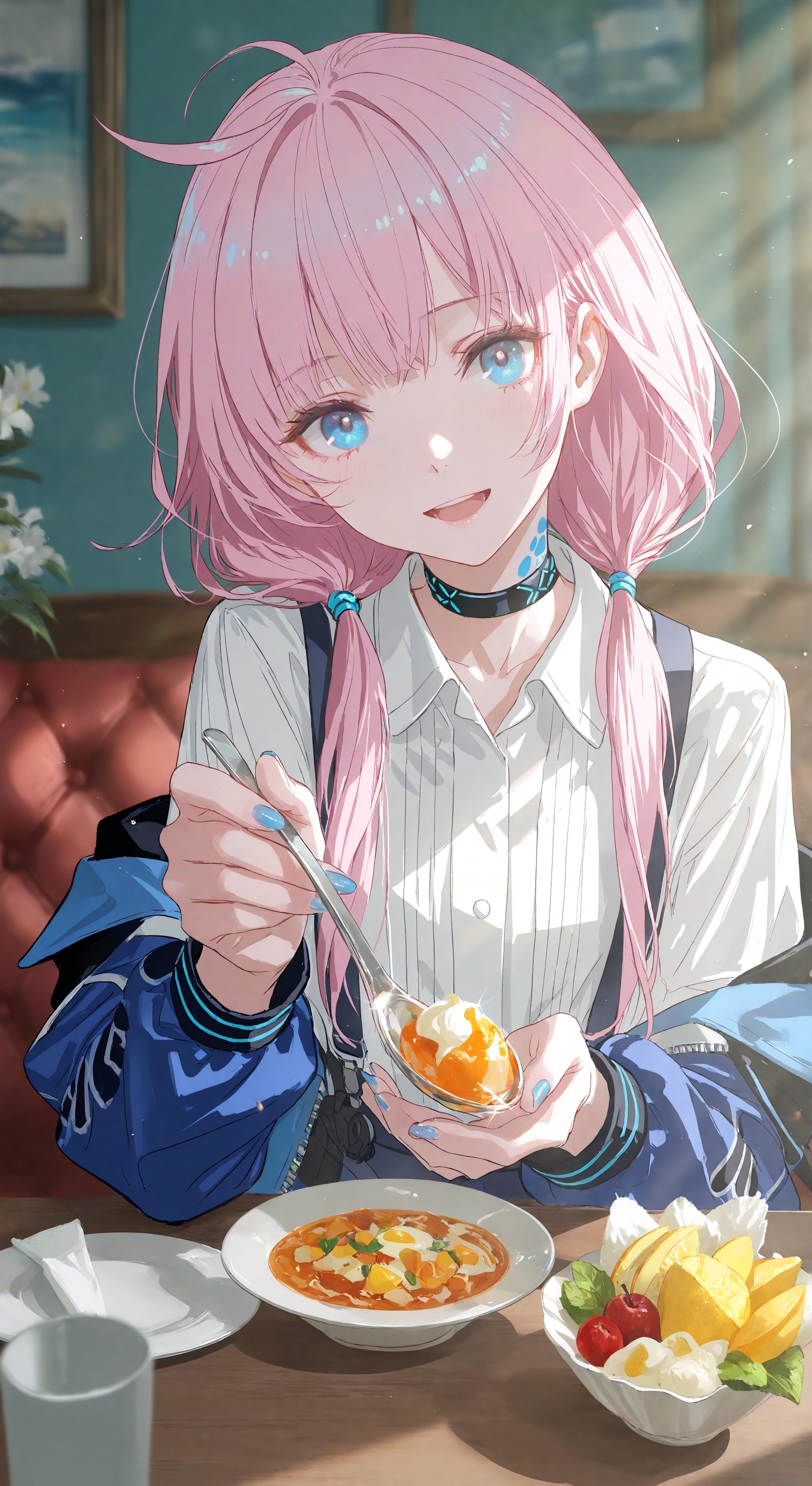 1girl, solo, long hair, looking at viewer, smile, open mouth, bangs, blue eyes, shirt, long sleeves, holding, twintails, sitting, jacket, white shirt, pink hair, flower, ahoge, :d, food, open clothes, choker, collared shirt, indoors, off shoulder, open jacket, fruit, low twintails, table, suspenders, blue jacket, blue nails, spoon, holding spoon, elite ii \(arknights\), incoming food, blue poison \(arknights\)
, skin details, subsurface scattering, intricate textures, realistic material rendering, cinematic lighting, art style, photorealistic 8k,(Murata_Renge:0.8),(reoen1:1),(as109:0.7),(Saebe_Shun:0.7),(akipeko:0.7),(Toronto:0.8),(lineart:0.8),(fuzichoco:0.6),(Mika Pikazo:0.4),(Artist: sheya:0.5),(wlop:0.4),Illustration,Simple Flat Coloring,lightshadow,line art,shadow,masterpiece,best quality,good quality,very aesthetic,A shot with tension,impactful picture,offcial art,movie perspective,masterpiece,facing the lens,best quality,very aesthetic,extremely delicate and beautiful,huge filesize,amazing quality,Blurred foreground,solo_focus,simple_background,depth_of_field,sunlight,reflective,masterful details,intricate details,soothing tones,high contrast,natural skin texture,soft light,sharp,ultra-high resolution,32K UHD,reality,yswh,cyzf