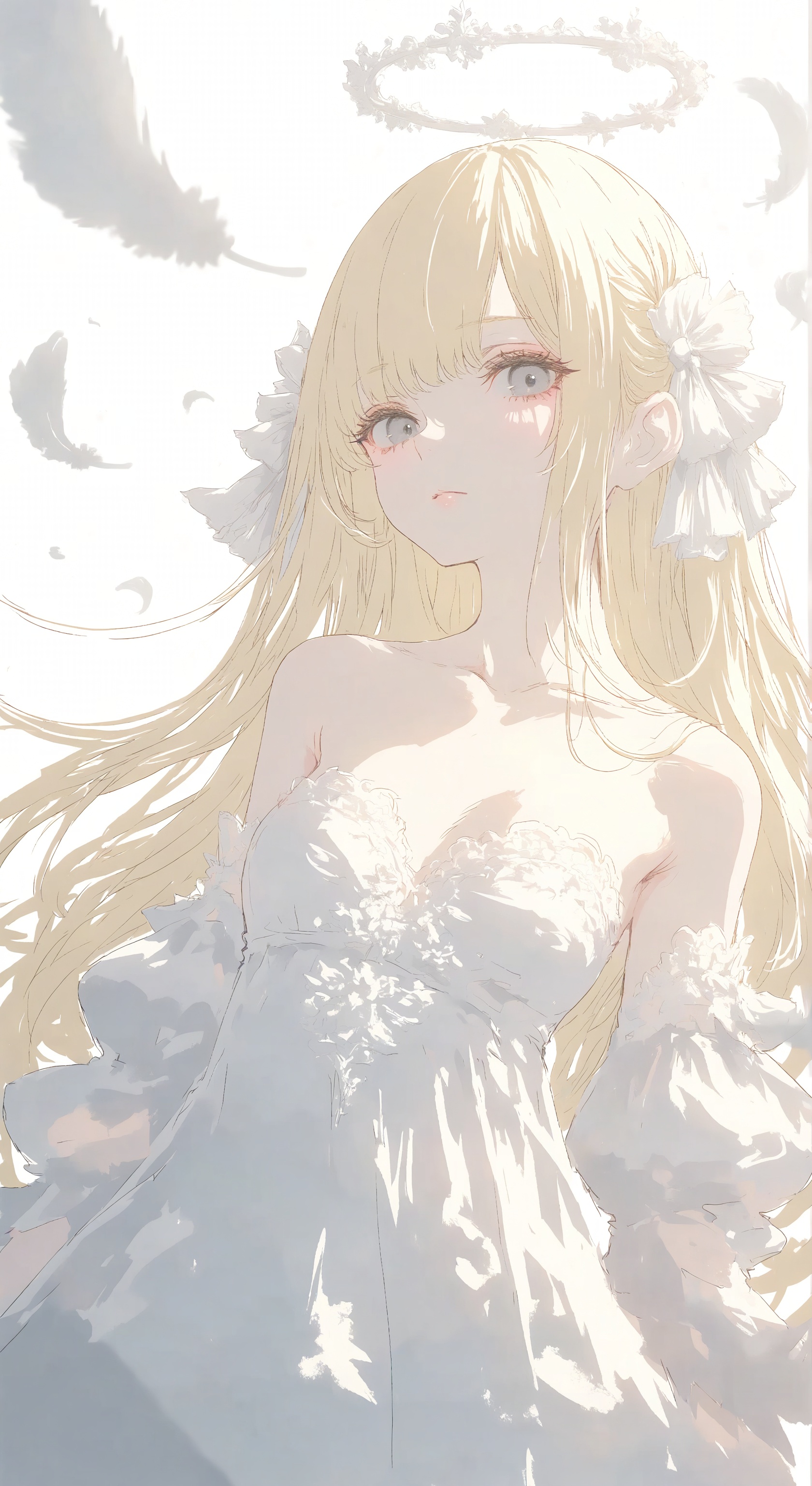 1girl, solo, long hair, looking at viewer, bangs, blonde hair, simple background, white background, dress, ribbon, bare shoulders, very long hair, hair ribbon, upper body, frills, white dress, grey eyes, strapless, halo, strapless dress, white ribbon, white theme
, skin details, subsurface scattering, intricate textures, realistic material rendering, cinematic lighting, art style, photorealistic 8k,(Murata_Renge:0.8),(reoen1:1),(as109:0.7),(Saebe_Shun:0.7),(akipeko:0.7),(Toronto:0.8),(lineart:0.8),(fuzichoco:0.6),(Mika Pikazo:0.4),(Artist: sheya:0.5),(wlop:0.4),Illustration,Simple Flat Coloring,lightshadow,line art,shadow,masterpiece,best quality,good quality,very aesthetic,A shot with tension,impactful picture,offcial art,movie perspective,masterpiece,facing the lens,best quality,very aesthetic,extremely delicate and beautiful,huge filesize,amazing quality,Blurred foreground,solo_focus,simple_background,depth_of_field,sunlight,reflective,masterful details,intricate details,soothing tones,high contrast,natural skin texture,soft light,sharp,ultra-high resolution,32K UHD,reality,yswh,cyzf