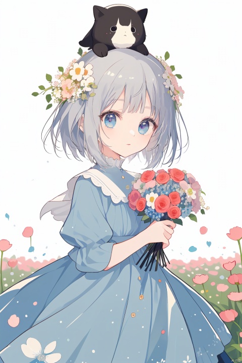 1 girl, cute, cute, smiling, in the flower field, holding a bouquet of flowers in her hand, wearing a blue dress, wearing a wreath on her head, touching her head, and making a gesture