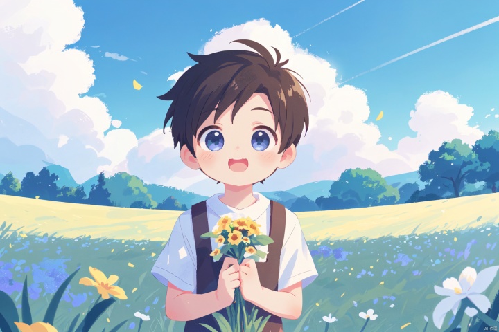 Boy, white short sleeved, cute, field, flowers, grass, flowers, breeze, blue sky, white clouds, perfect face, best picture quality, 8k resolution
