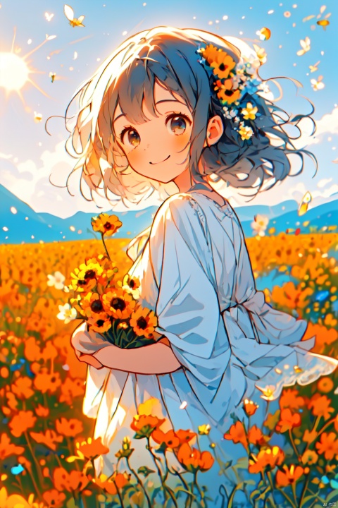 In the sea of rapeseed flowers, a girl holding sunflowers stands in the sea of rapeseed flowers, with her head tilted and a confident smile in the sunshine. The smile is bright, and the flower sea is 4K ultra clear, fresh and natural, warm and sweet. The sunshine shines, and the petals are soft, with a distant view