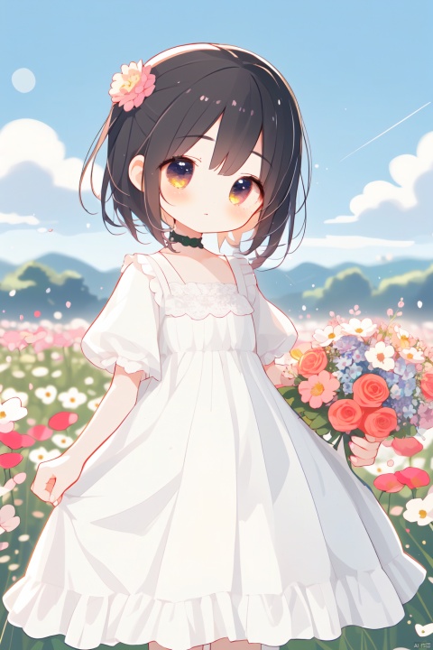 1 girl, cute, cute, in the flower field, holding a bouquet of flowers in her hand, wearing a dress, 