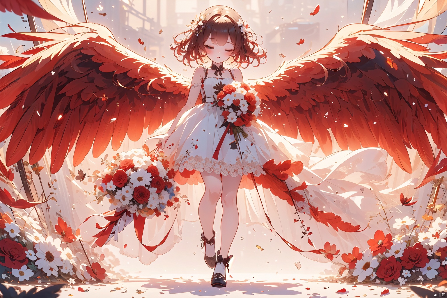 (Red Wings: 1.5) Flying, 1 little girl, cute, super cute, with one eye closed, hair filled with flowers, holding a large bouquet of flowers, full body, panoramic, white background, minimalist style, wide-angle lens