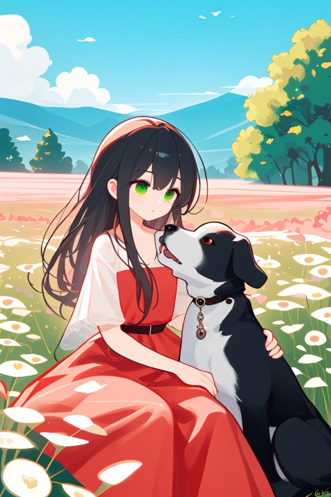 A person is sitting in a yellow flower field with a dog next to him. This person is wearing a red dress with a white pattern and black hair. The dog looks white with spots on it. There are green hills or mountains in the background, and trees under a light blue sky. This painting showcases nature, the companionship between humans and dogs, and a peaceful atmosphere that may pique people's interest.