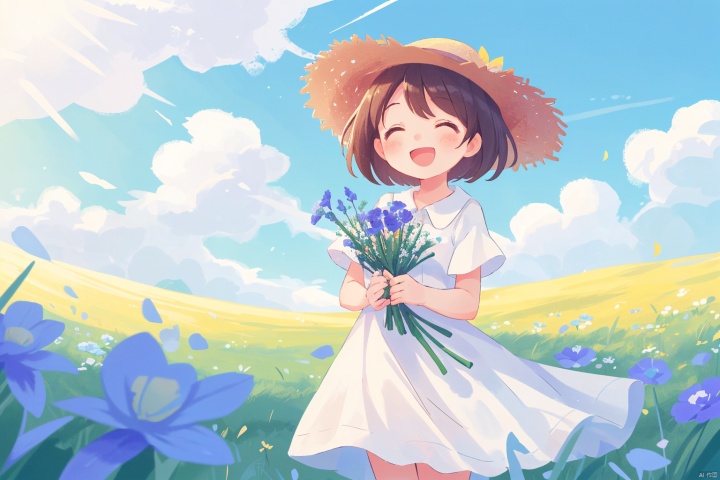 Girl, white dress, wearing a straw hat, cute, happy, field, flowers, grass, holding flowers, breeze, blue sky, white clouds, perfect face, best picture quality, 8k resolution,undercut