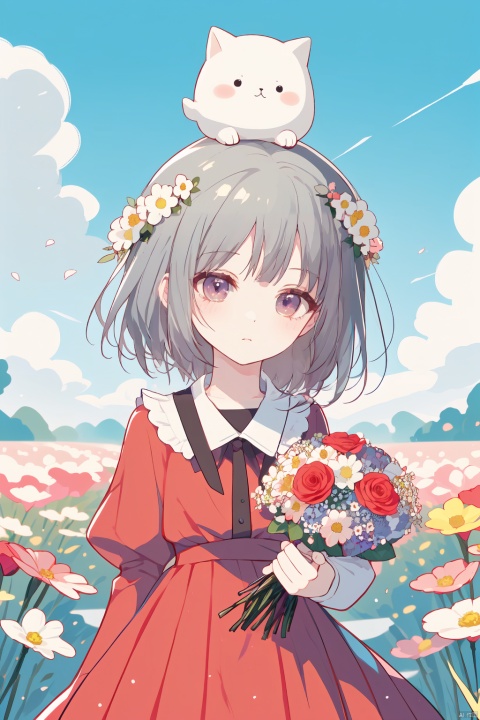 1 girl, cute, cute, in the flower field, holding a bouquet of flowers in her hand, wearing a red dress, wearing a wreath on her head, touching her head