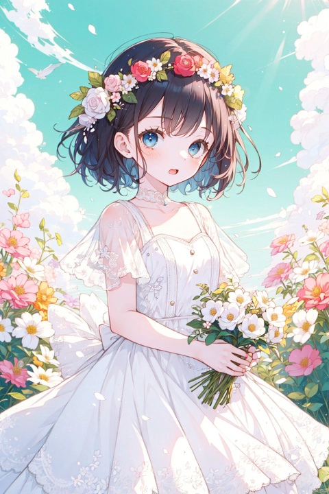   3girl, cute, wearing a wreath and a white dress, , 1 girl,flower ,