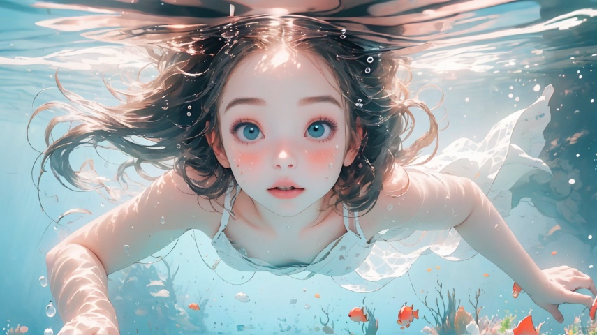 A girl with a perfect face, falling into the water, wearing white clothes, underwater, high-resolution, ultra-high resolution, top quality, dress,water and grass,coral,Full body lens, panoramic view