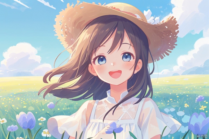 Girl, white dress, wearing a straw hat, cute, happy, surrounded by fields, flowers, grass, flowers, gentle breeze, blue sky, white clouds, perfect face, best picture quality, 8k resolution,