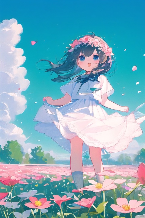 A lovely young girl, surrounded by vibrant flowers, runs with abandon in a lush field, bouquet held tight to her chest. A delicate flower wreath adorns her head, while her short white skirt billows behind, petals dancing in the gentle breeze. Against the brilliant blue sky and puffy white clouds, she radiates joy, her loli charm captivating as she moves with carefree abandon.