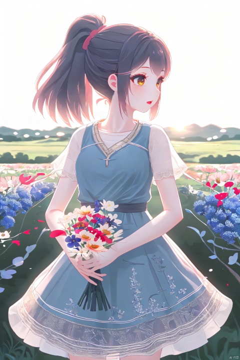 1 girl, in the countryside, in a blue dress, cute, flower field, holding a bouquet of flowers, single ponytail, hle, backlight