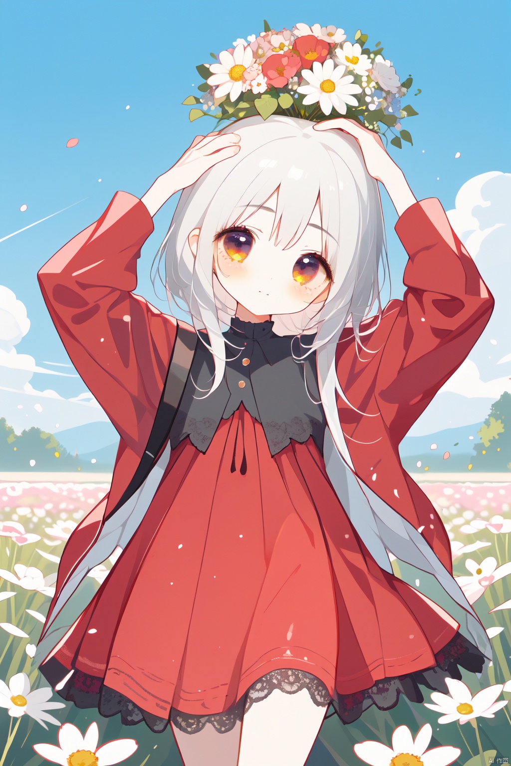 1 girl, cute, cute, in the flower field, holding a bouquet of flowers in her hand, wearing a red dress, wearing a wreath on her head, touching her head