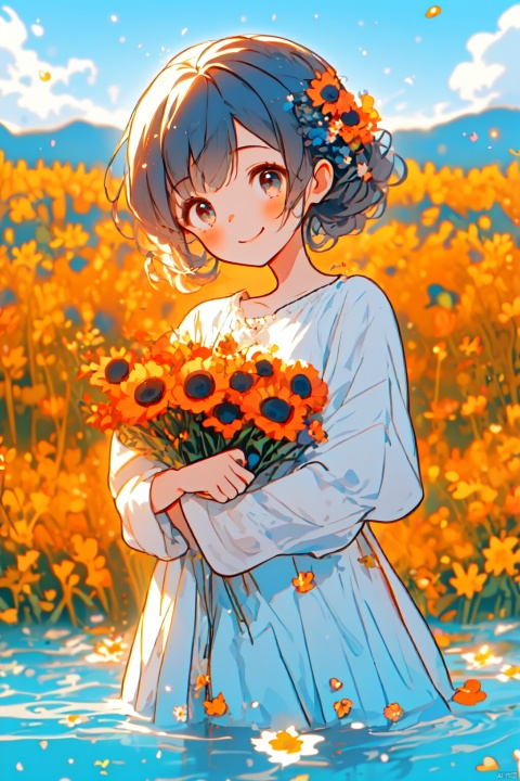 In the sea of rapeseed flowers, a girl holding sunflowers stands in the sea of rapeseed flowers, with her head tilted and a confident smile in the sunshine. The smile is bright, and the flower sea is 4K ultra clear, fresh and natural, warm and sweet. The sunshine shines, and the petals are soft, with a distant view
