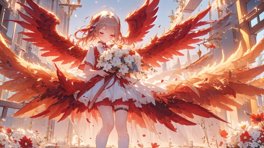  (Red Wings: 1.5) Flying, 1 little girl, cute, super cute, with one eye closed, hair filled with flowers, holding a large bouquet of flowers, full body, panoramic, white background, minimalist style, wide-angle lens