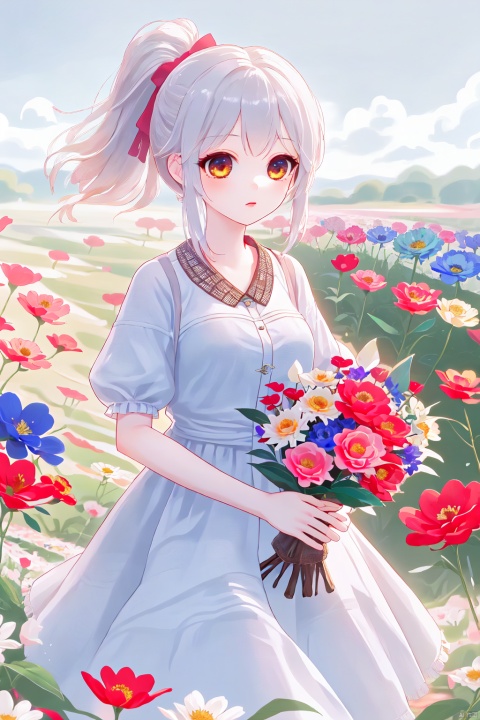 1 girl, in the countryside, in a blue dress, cute, flower field, holding a bouquet of flowers, single ponytail, hle