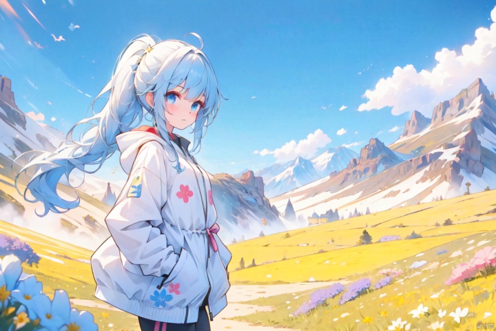 1 girl, double ponytails, wearing a white windbreaker, long hair, gentle breeze, mountain slopes, flower fields, grasslands, panoramic view,