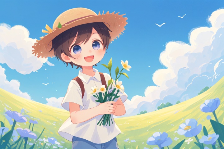  Boy, white short sleeved, wearing a straw hat, cute, happy, field, flowers, grass, holding flowers, breeze, blue sky, white clouds, perfect face, best picture quality, 8k resolution, undercout