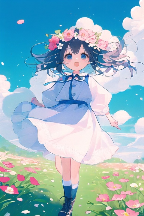 A lovely young girl, surrounded by vibrant flowers, runs with abandon in a lush field, bouquet held tight to her chest. A delicate flower wreath adorns her head, while her short white skirt billows behind, petals dancing in the gentle breeze. Against the brilliant blue sky and puffy white clouds, she radiates joy, her loli charm captivating as she moves with carefree abandon.