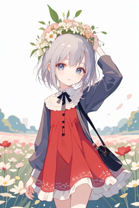 1 girl, cute, cute, in the flower field, holding a bouquet of flowers in her hand, wearing a red dress, wearing a wreath on her head, touching her head