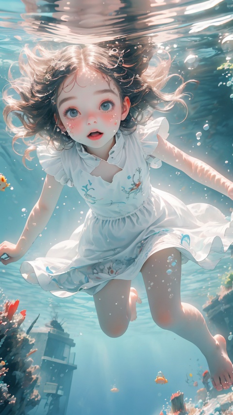 A girl,Perfect Face, falling into the water, wearing white clothes,underwater,Foot down, jellyfishforest,,High resolution, ultra-high resolution, top quality,dress