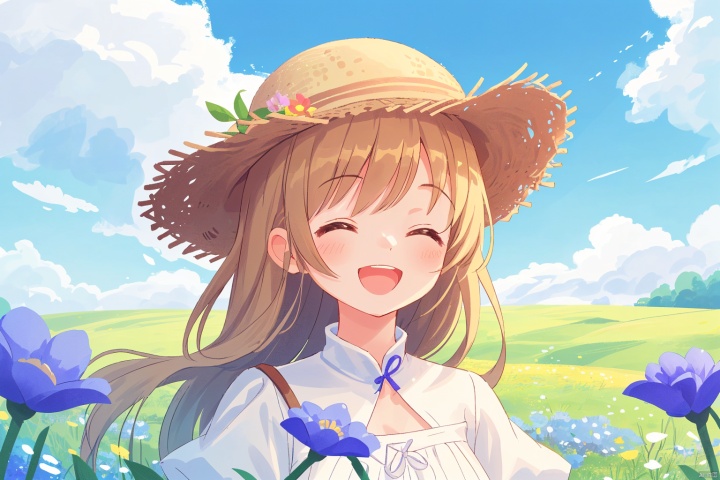 1girl, white dress, wearing a straw hat, cute, happy, surrounded by fields, flowers, grass, flowers, gentle breeze, blue sky, white clouds, perfect face, best picture quality, 8k resolution,