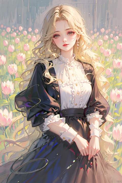 1 girl, solo, long hair, looking at the audience, dress, blonde, shirt, long sleeves, jewelry, standing, closed mouth, white shirt, flowers, earrings, fluffy sleeves, lips, tilted head, gray eyes, wavy hair, shirt, pink flowers, black dress, long skirt, beauty, all over