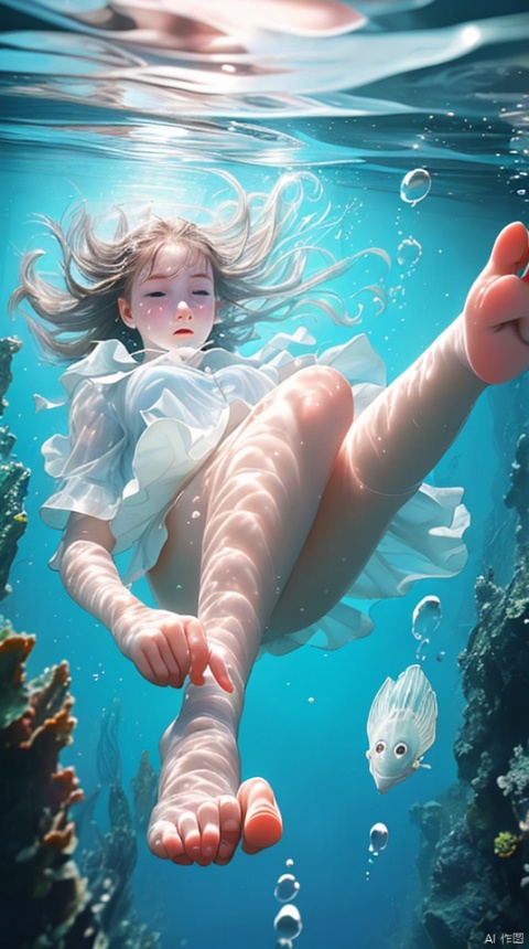 A girl,Perfect Face, falling into the water, wearing white clothes,underwater, Detail,Foot down, jellyfishforest, shuixia,High resolution, ultra-high resolution, top quality