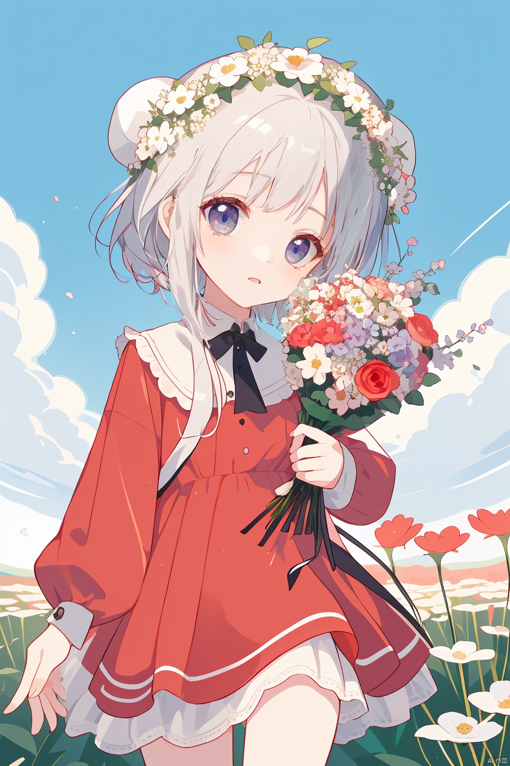 1 girl, cute, cute, in the flower field, holding a bouquet of flowers in her hand, wearing a red dress, wearing a wreath on her head, touching her head