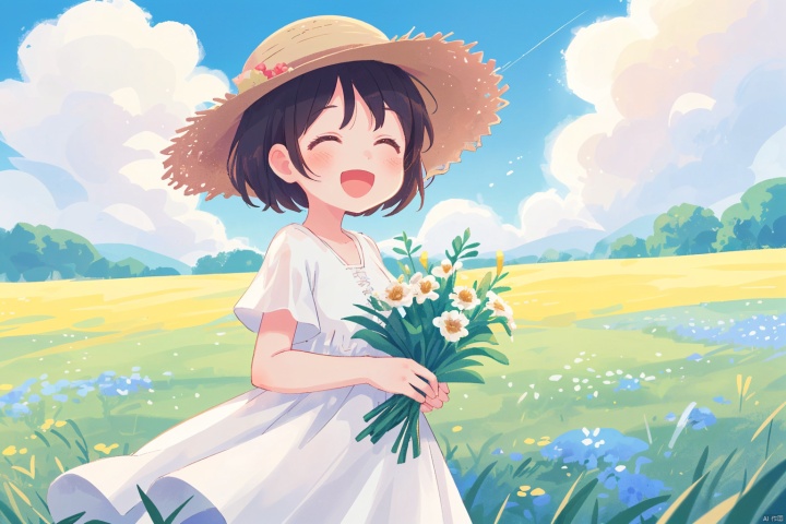  Girl, white dress, wearing a straw hat, cute, happy, field, flowers, grass, holding flowers, breeze, blue sky, white clouds, perfect face, best picture quality, 8k resolution,undercut