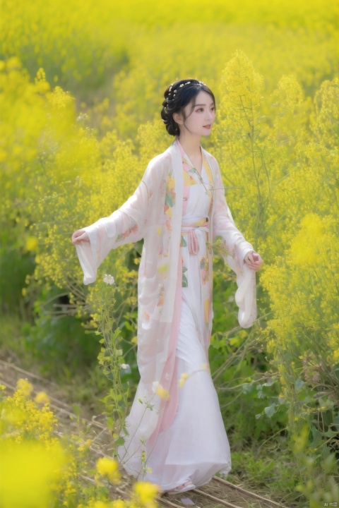 1 girl, white Hanfu, rapeseed fields, perfect face, jogging,