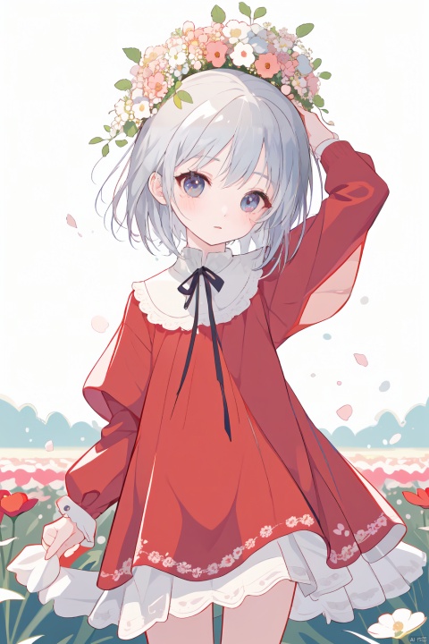 1 girl, cute, cute, in the flower field, holding a bouquet of flowers in her hand, wearing a red dress, wearing a wreath on her head, touching her head