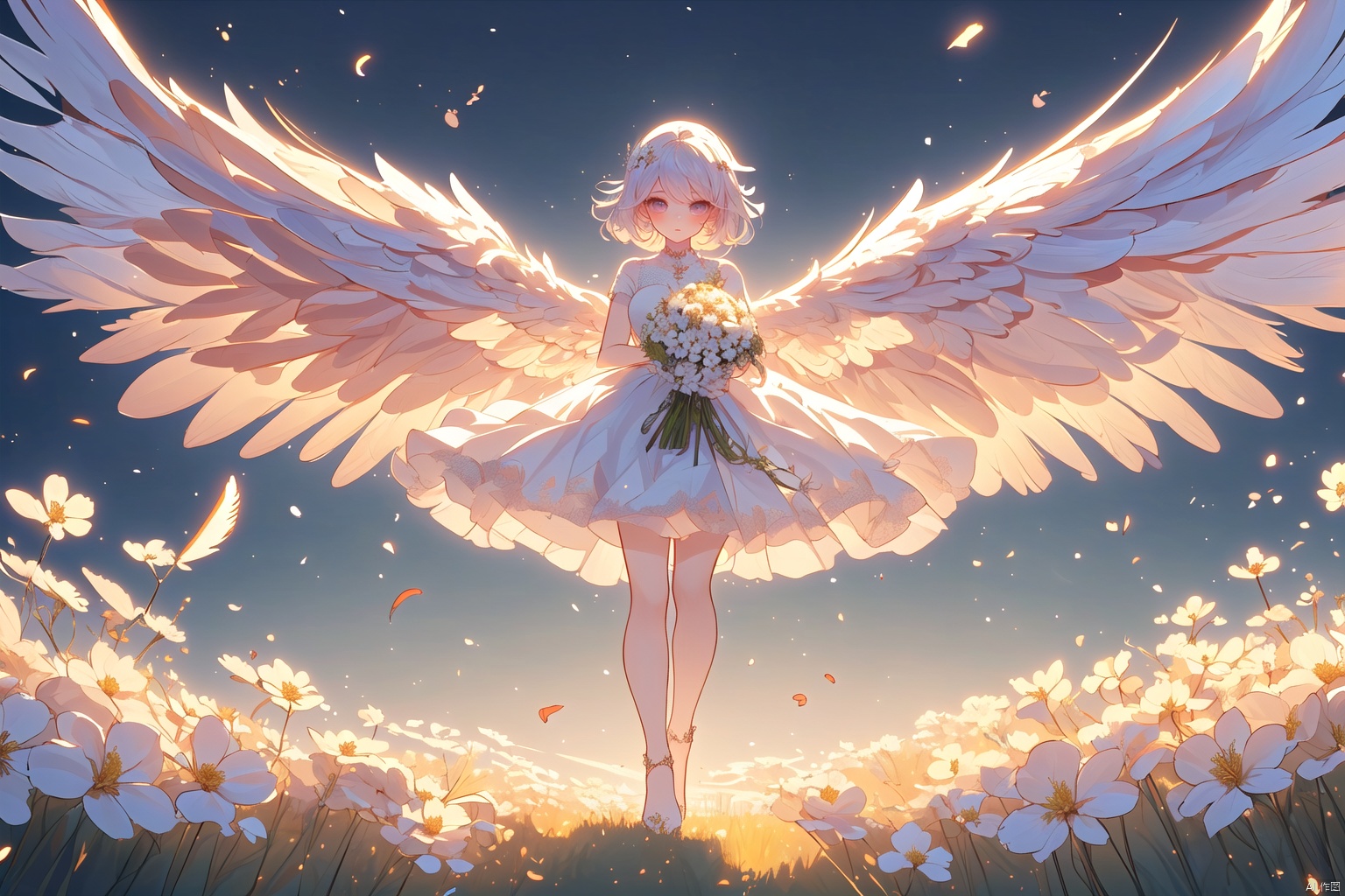 (White wings: 1.5), a cute girl holding a bouquet of flowers, full body, panoramic view, flower field, sky, looking from top to bottom