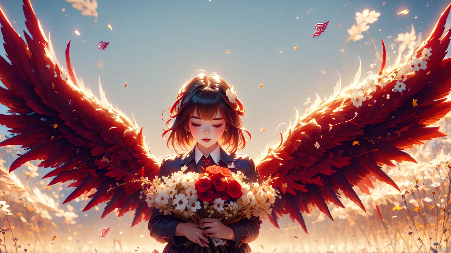  (Red Wings: 1.5) Flying, 1 little girl, cute, super cute, with one eye closed, hair filled with flowers, holding a large bouquet of flowers, full body, panoramic, white background, minimalist style, wide-angle lens