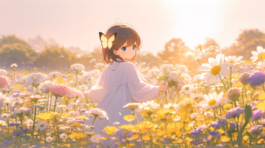  (official art, 8k wallpaper, ultra detailed, High quality, best quality),white flowers ,butterfly,vintage filter,among flowers, backlight,limited_palette,white,field s of flowers, lhj,bright light, 1 girl