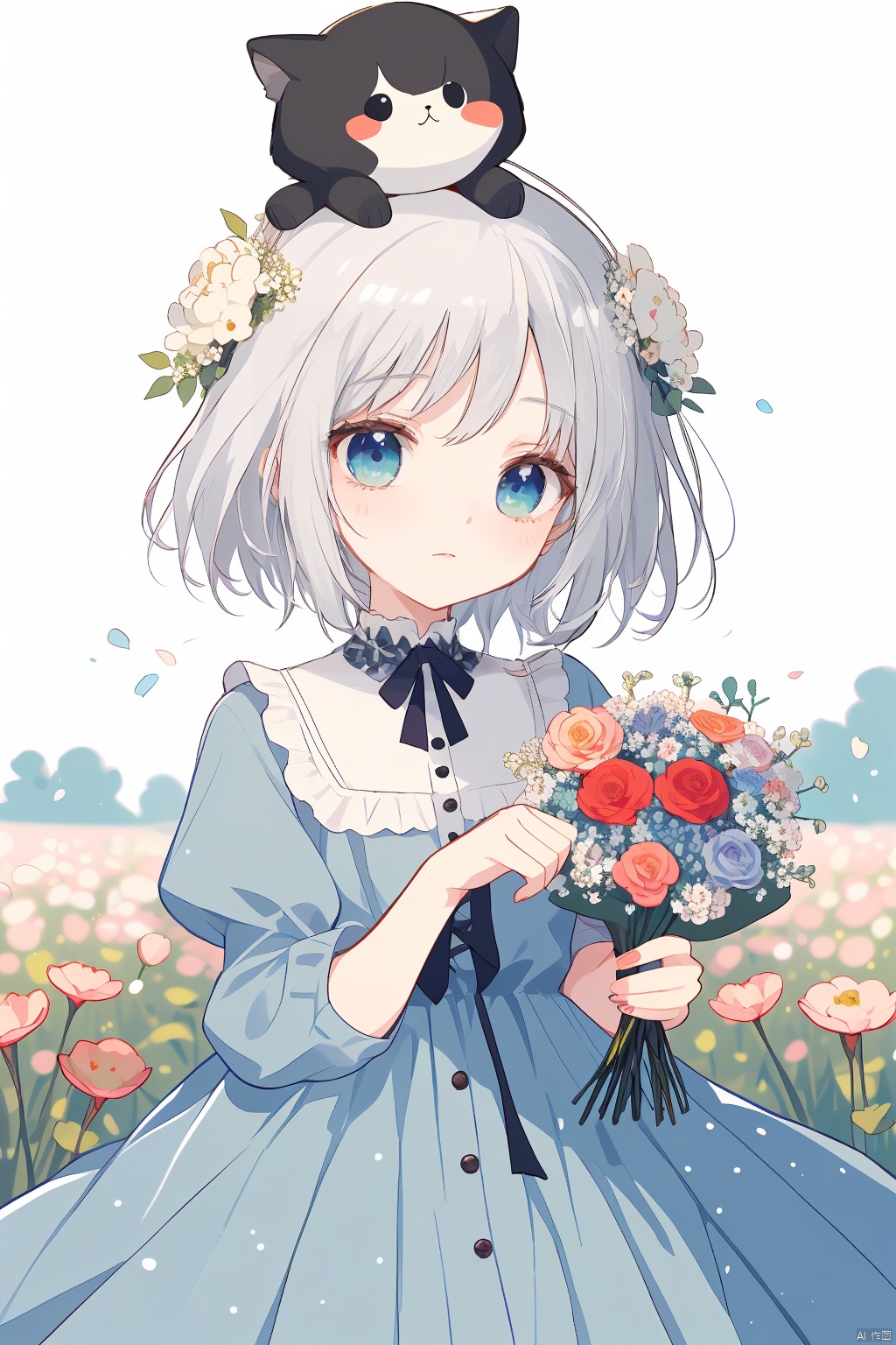 1 girl, cute, cute, smiling, in the flower field, holding a bouquet of flowers in her hand, wearing a blue dress, wearing a wreath on her head, touching her head, and making a gesture