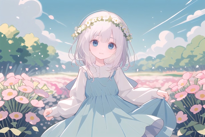 1 girl, cute, cute, smiling, in the flower field, holding a bouquet of flowers in her hand, wearing a blue dress, wearing a wreath on her head, and holding hands