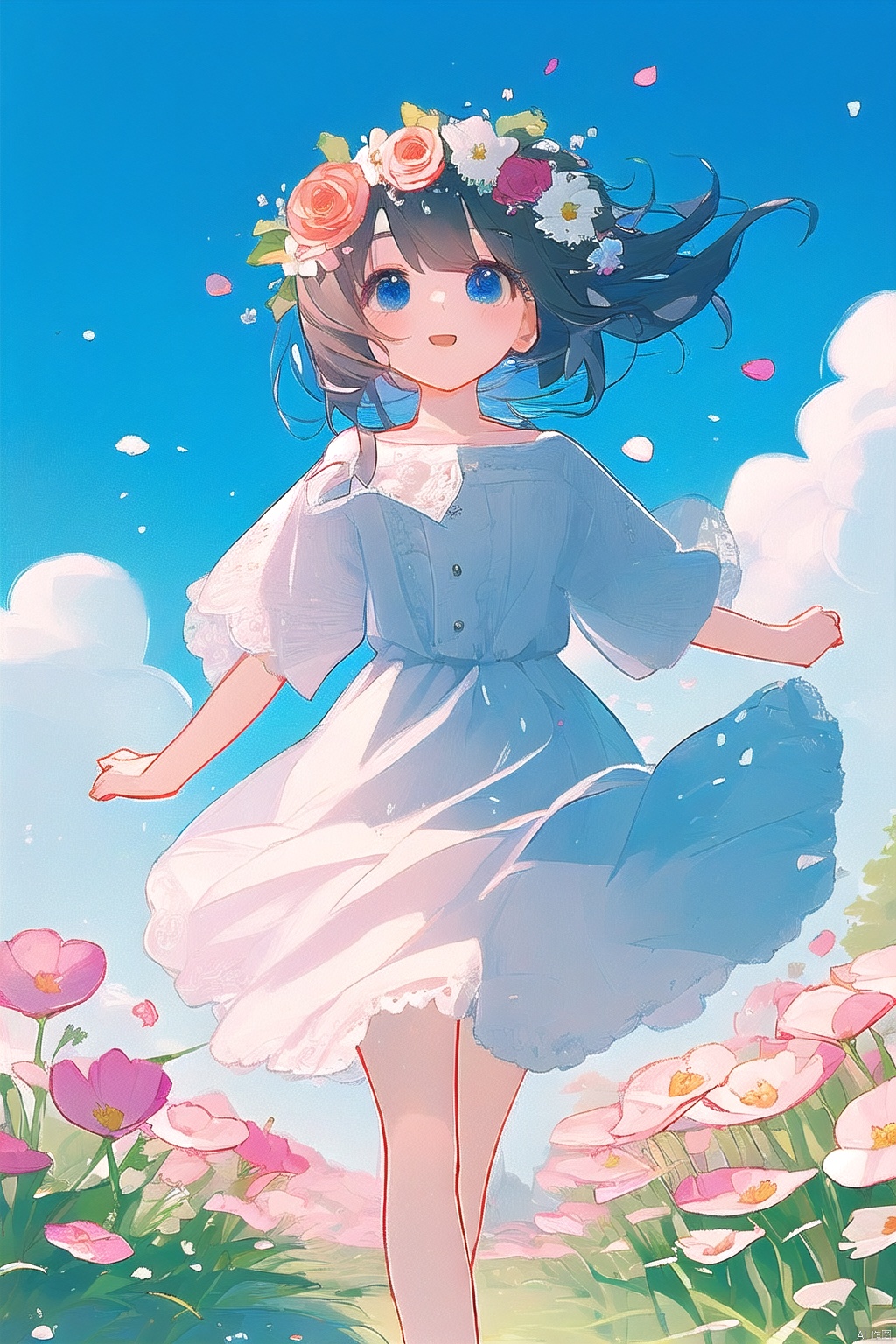 A lovely young girl, surrounded by vibrant flowers, runs with abandon in a lush field, bouquet held tight to her chest. A delicate flower wreath adorns her head, while her short white skirt billows behind, petals dancing in the gentle breeze. Against the brilliant blue sky and puffy white clouds, she radiates joy, her loli charm captivating as she moves with carefree abandon.