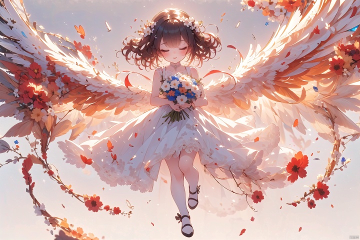  (White wings: 1.5) Flying, 1 little girl, cute, super cute, with one eye closed, hair filled with flowers, holding a large bouquet of flowers, full body, panoramic, white background, minimalist style, wide-angle lens, wings